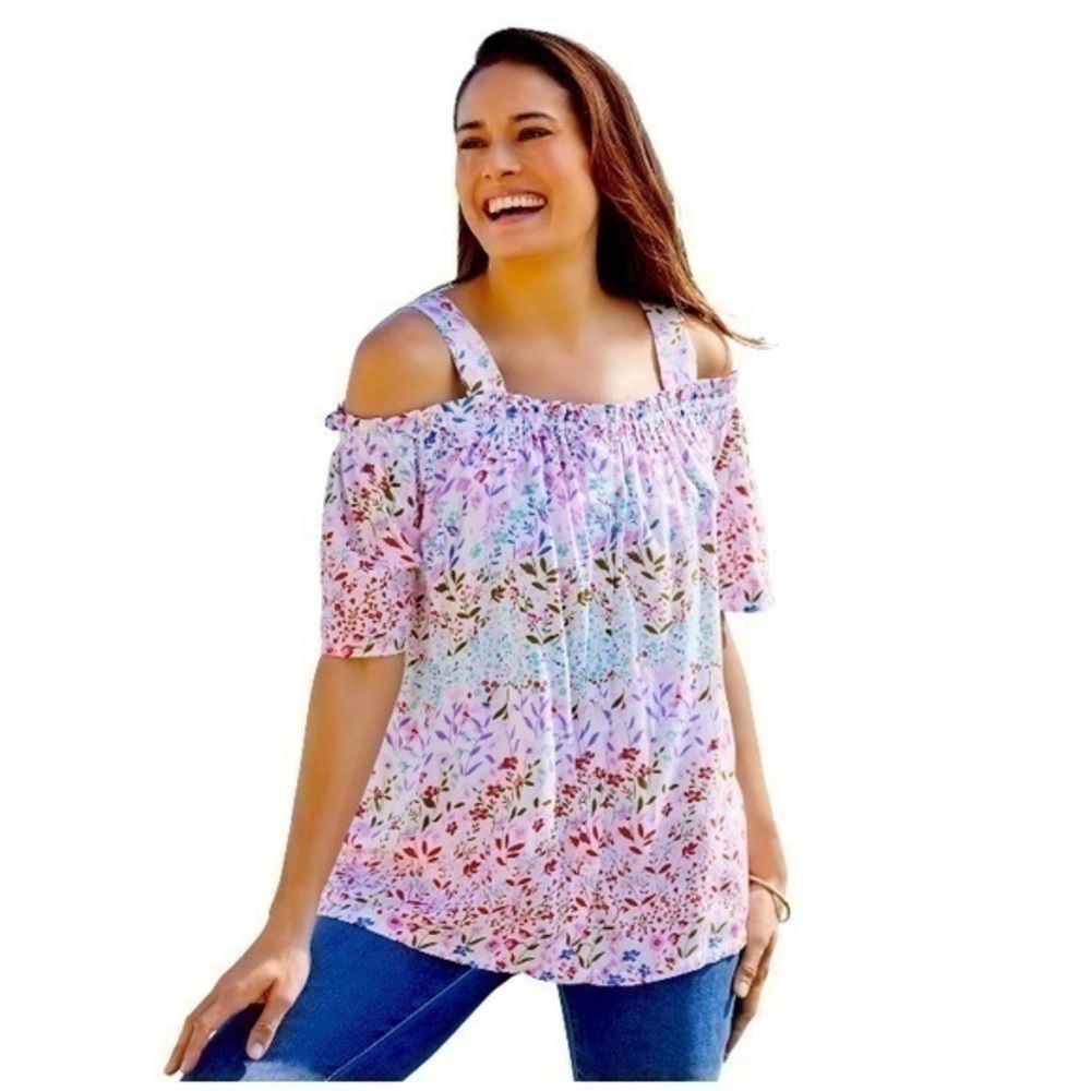 Woman Within Women's Plus Printed Cold-Shoulder Blouse Shirt Size 18/20 NWOT